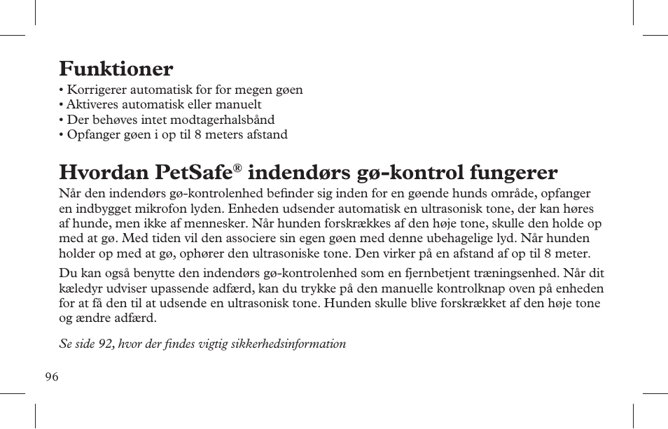 Funktioner, Hvordan petsafe, Indendørs gø-kontrol fungerer | Petsafe Indoor Bark Control, Ultrasonic User Manual | Page 96 / 108