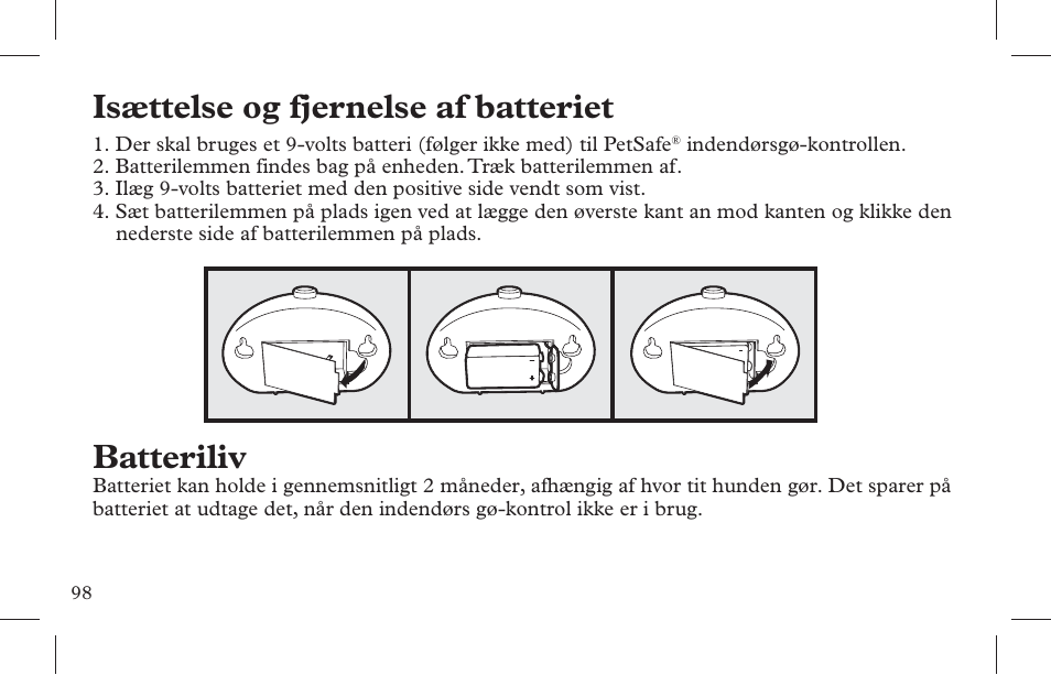 Isættelse og fjernelse af batteriet, Batteriliv | Petsafe Indoor Bark Control, Ultrasonic User Manual | Page 98 / 108