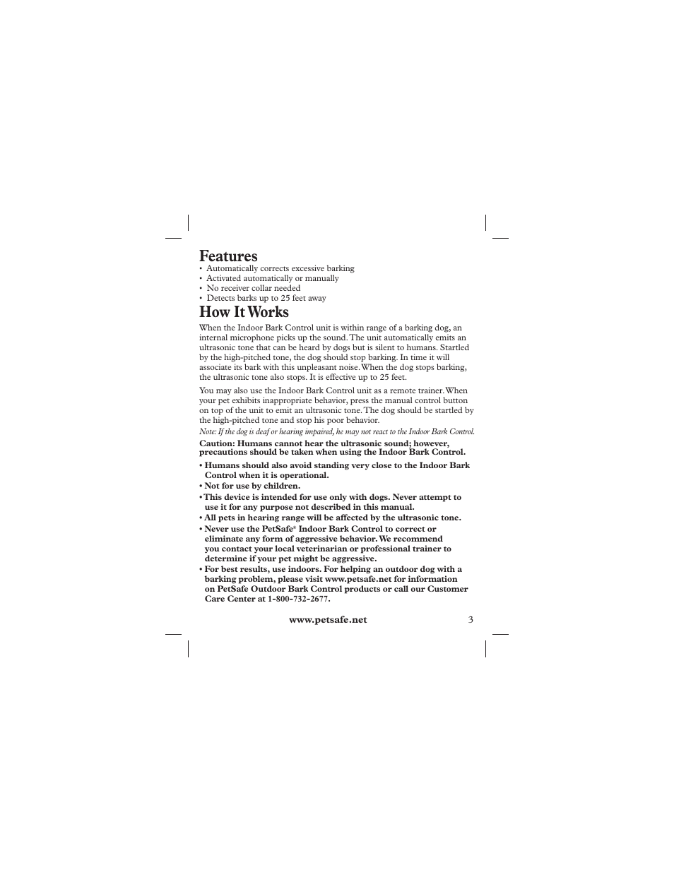 Features, How it works | Petsafe Indoor Bark Control, Ultrasonic User Manual | Page 3 / 8