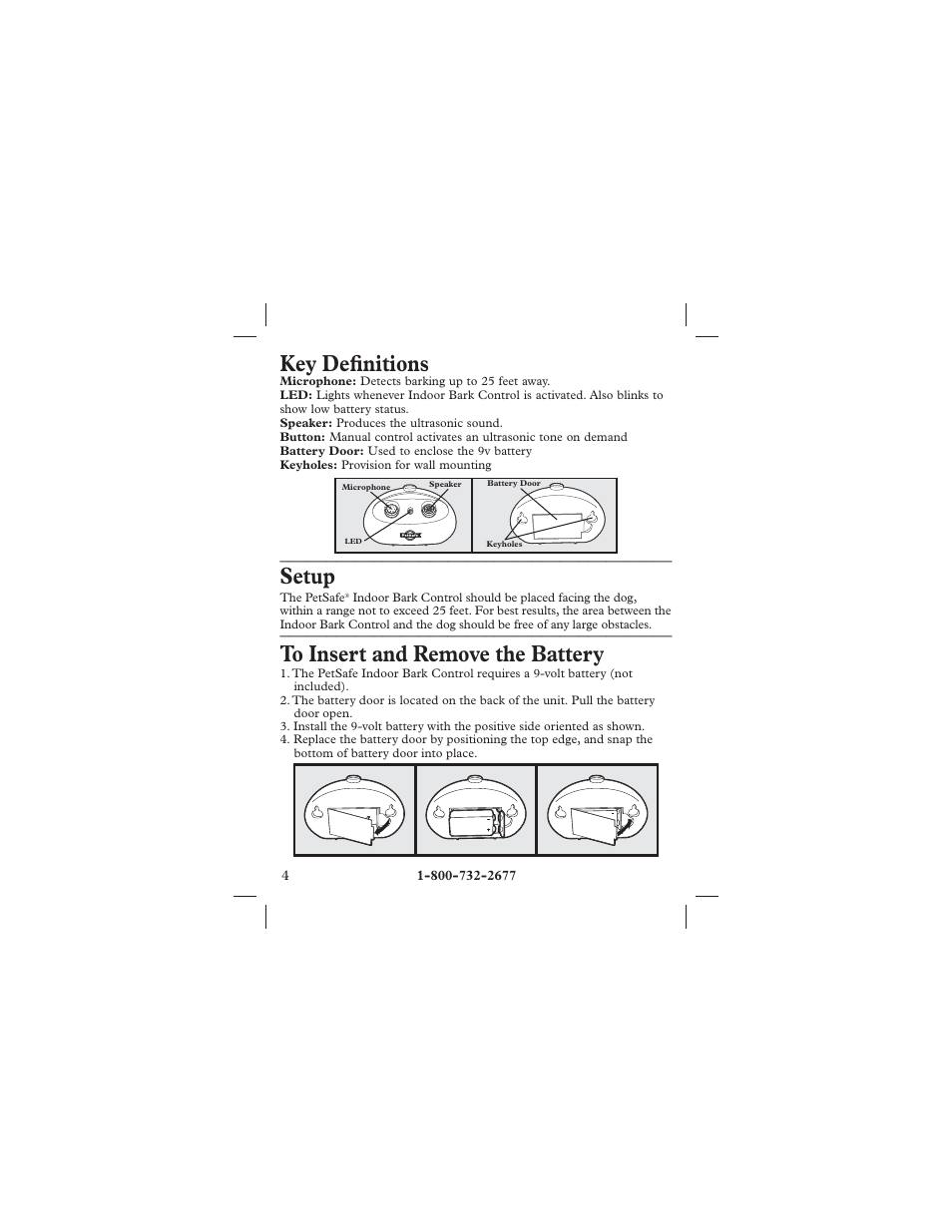 Key defi nitions, Setup | Petsafe Indoor Bark Control, Ultrasonic User Manual | Page 4 / 8