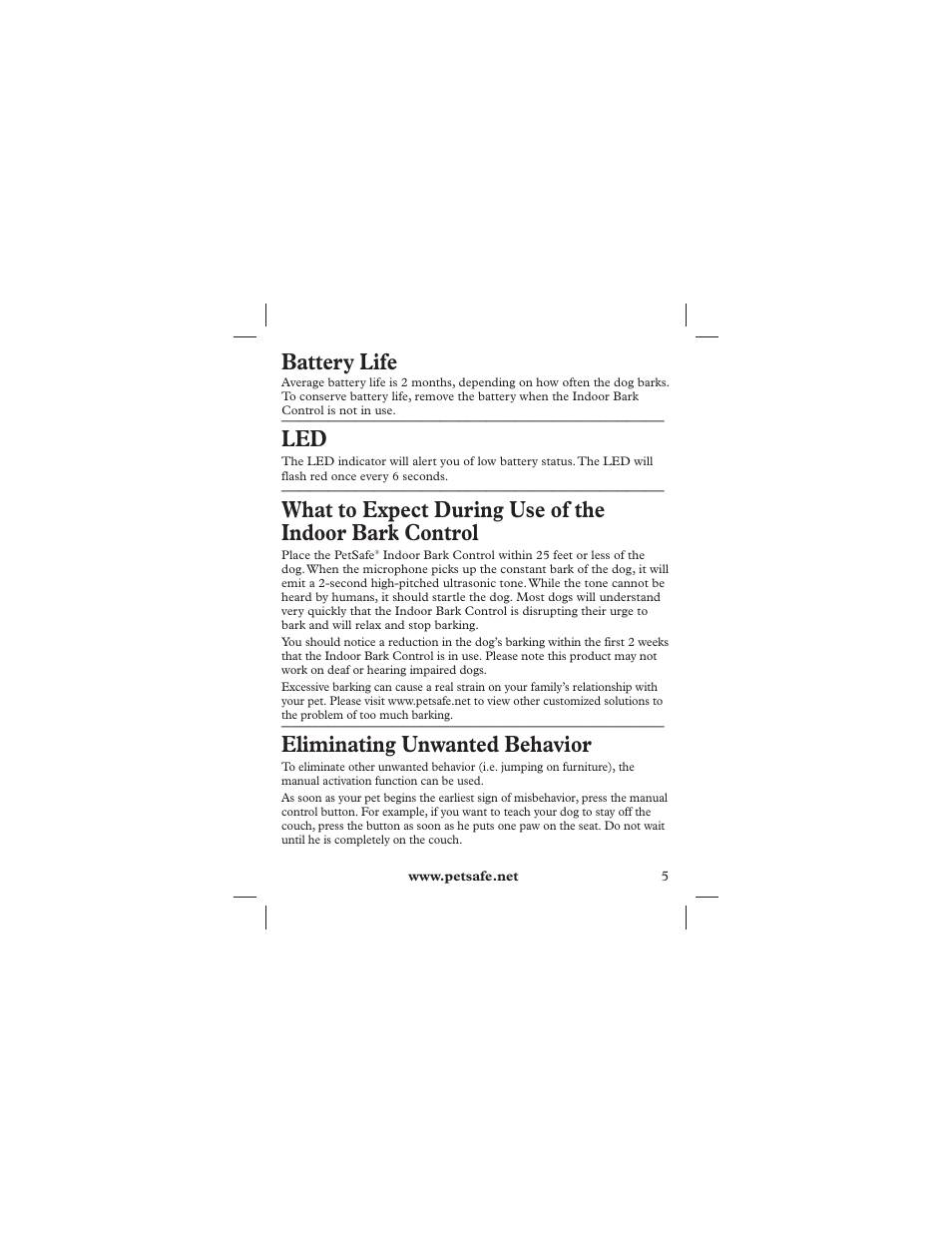 Battery life, Eliminating unwanted behavior | Petsafe Indoor Bark Control, Ultrasonic User Manual | Page 5 / 8