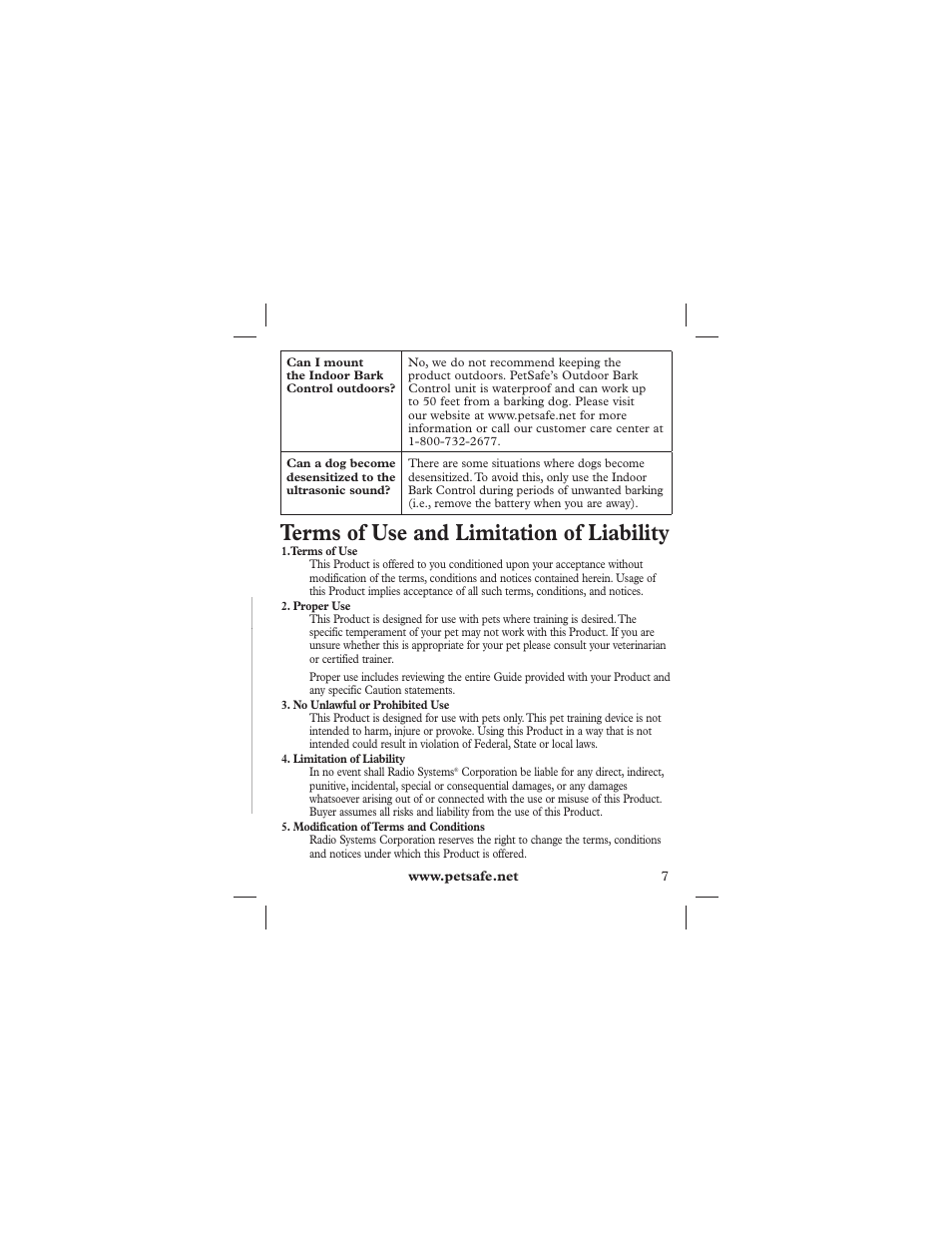 Terms of use and limitation of liability | Petsafe Indoor Bark Control, Ultrasonic User Manual | Page 7 / 8