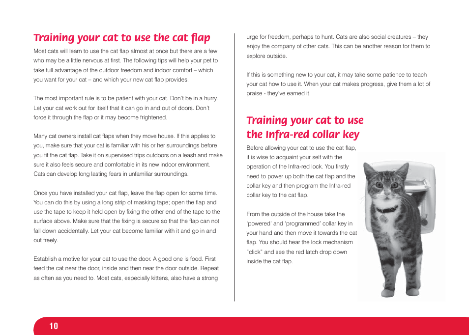 Training your cat to use the cat ﬂ ap, Training your cat to use the infra-red collar key | Petsafe Infra Red 4 Way Locking Deluxe Cat Flap User Manual | Page 10 / 74