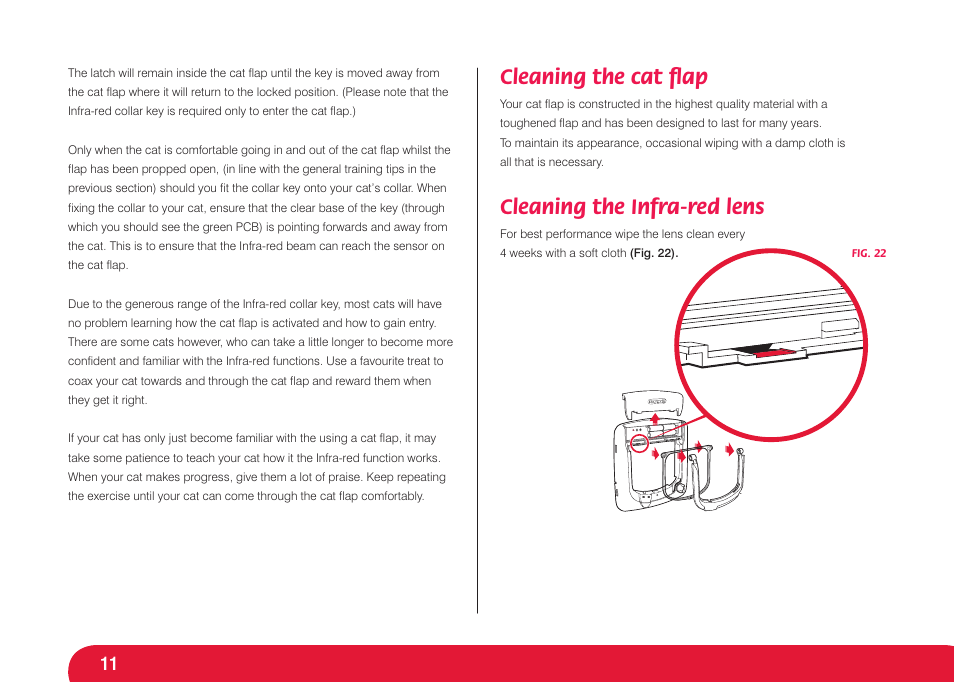 Cleaning the cat ﬂ ap, Cleaning the infra-red lens | Petsafe Infra Red 4 Way Locking Deluxe Cat Flap User Manual | Page 11 / 74