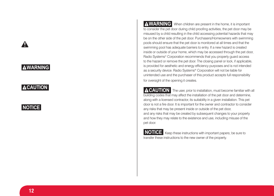 Warning, Caution, Notice | Petsafe Infra Red 4 Way Locking Deluxe Cat Flap User Manual | Page 12 / 74