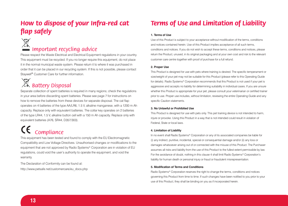 How to dispose of your infra-red cat ﬂ ap safely, Terms of use and limitation of liability, Important recycling advice | Battery disposal, Compliance | Petsafe Infra Red 4 Way Locking Deluxe Cat Flap User Manual | Page 13 / 74