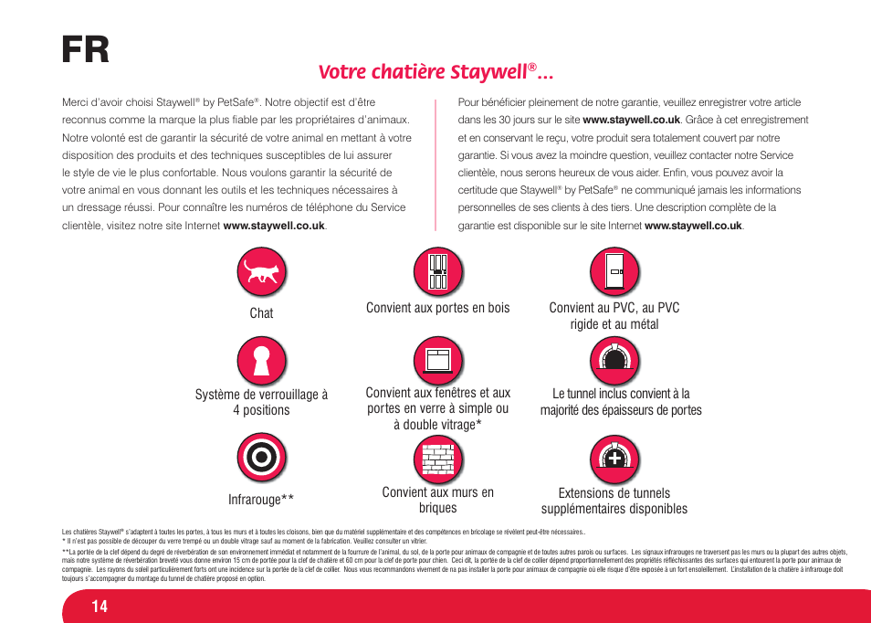 Votre chatière staywell | Petsafe Infra Red 4 Way Locking Deluxe Cat Flap User Manual | Page 14 / 74