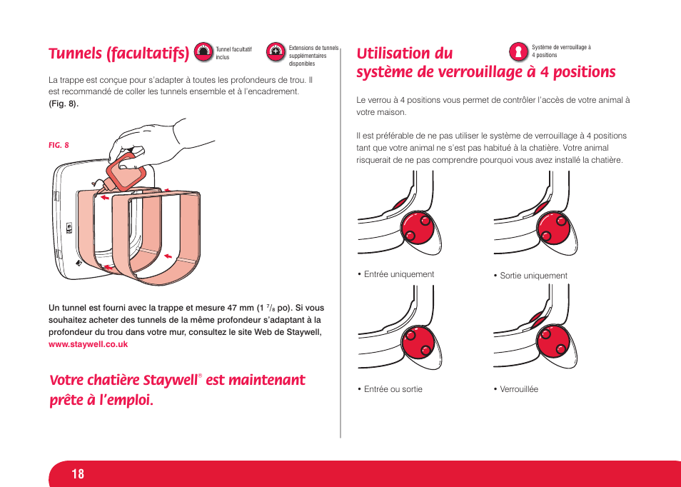 Tunnels (facultatifs), Votre chatière staywell, Est maintenant prête à l’emploi | Petsafe Infra Red 4 Way Locking Deluxe Cat Flap User Manual | Page 18 / 74