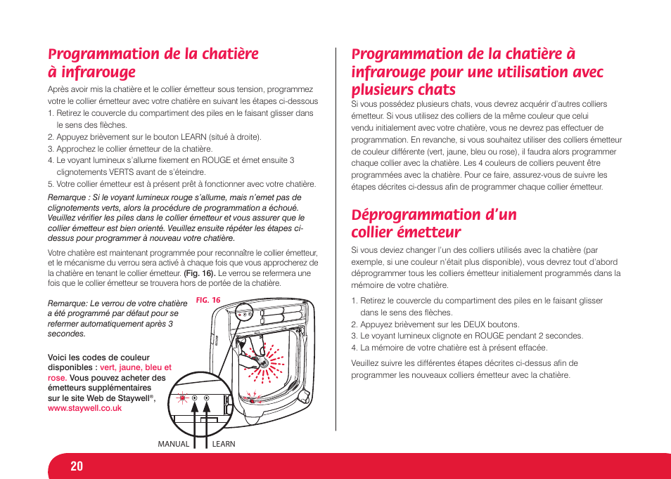 Programmation de la chatière à infrarouge, Déprogrammation d’un collier émetteur | Petsafe Infra Red 4 Way Locking Deluxe Cat Flap User Manual | Page 20 / 74