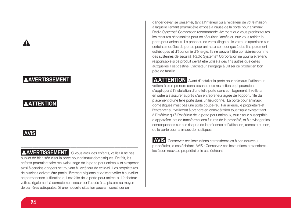 Avertissement, Attention, Avis | Petsafe Infra Red 4 Way Locking Deluxe Cat Flap User Manual | Page 24 / 74