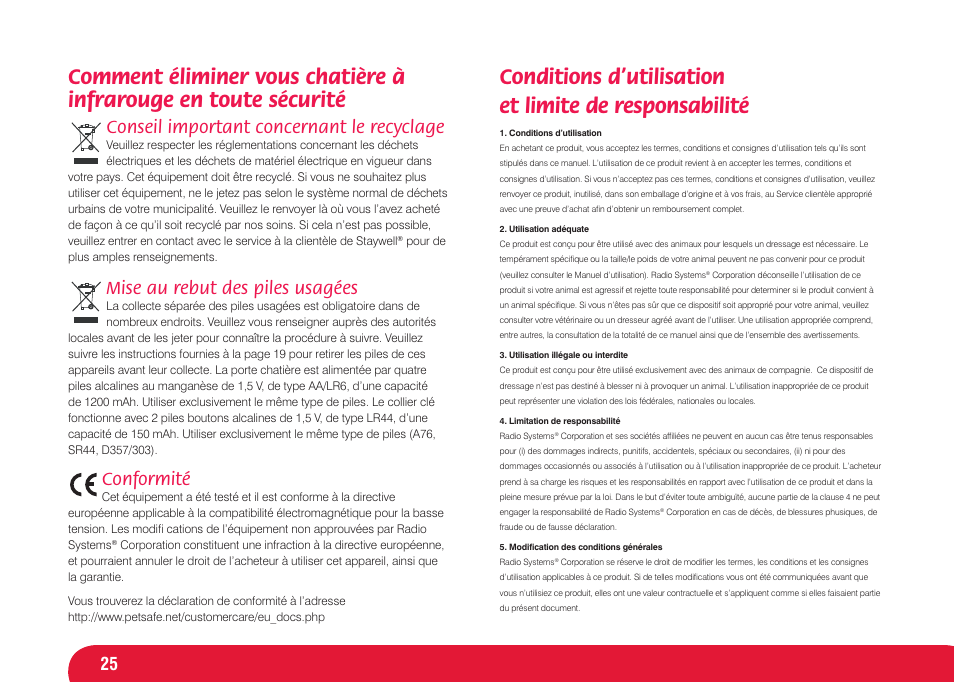 Conseil important concernant le recyclage, Mise au rebut des piles usagées, Conformité | Petsafe Infra Red 4 Way Locking Deluxe Cat Flap User Manual | Page 25 / 74