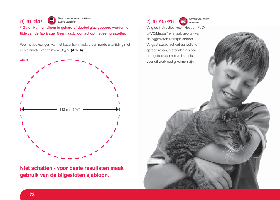B) in glas, C) in muren | Petsafe Infra Red 4 Way Locking Deluxe Cat Flap User Manual | Page 28 / 74