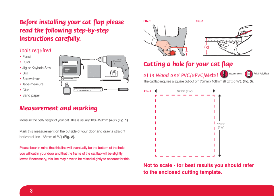 Measurement and marking, Cutting a hole for your cat ﬂ ap, Tools required | A) in wood and pvc/upvc/metal | Petsafe Infra Red 4 Way Locking Deluxe Cat Flap User Manual | Page 3 / 74