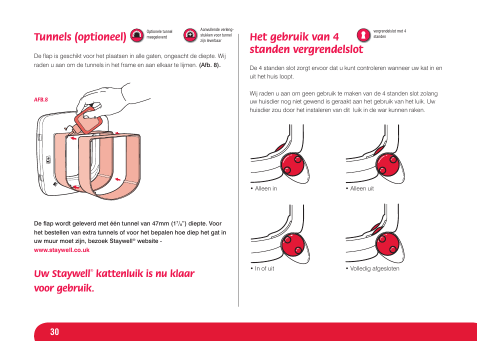 Tunnels (optioneel), Het gebruik van 4 standen vergrendelslot, Uw staywell | Kattenluik is nu klaar voor gebruik | Petsafe Infra Red 4 Way Locking Deluxe Cat Flap User Manual | Page 30 / 74