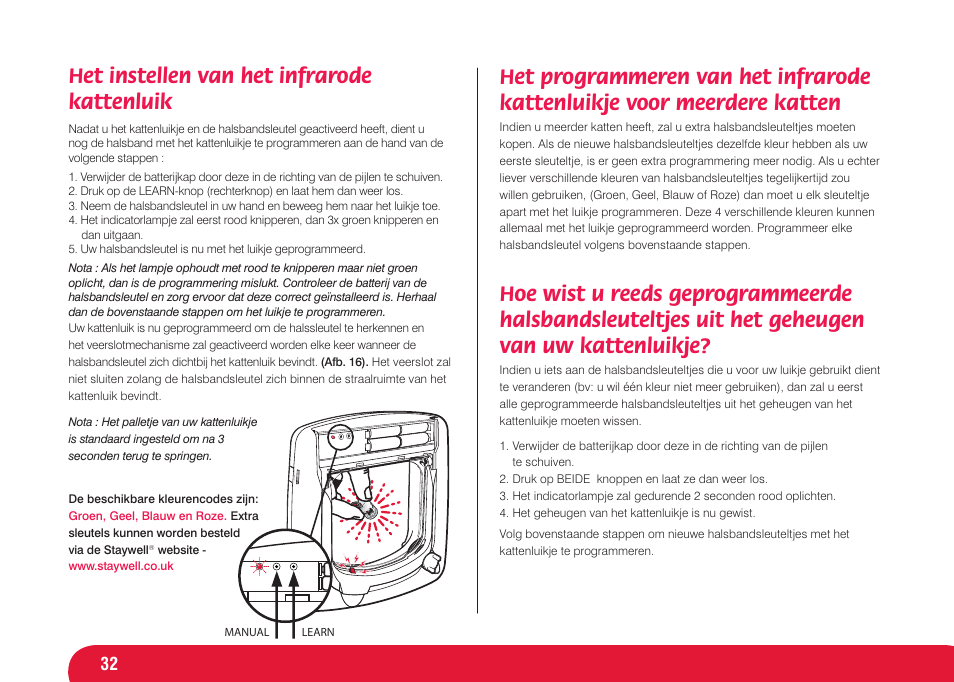 Het instellen van het infrarode kattenluik | Petsafe Infra Red 4 Way Locking Deluxe Cat Flap User Manual | Page 32 / 74