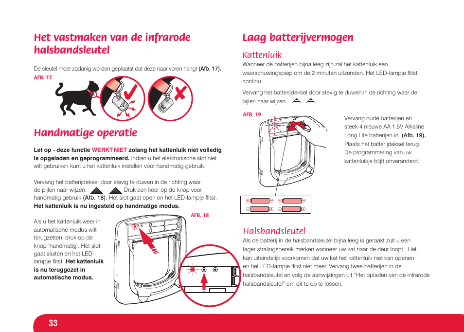 Laag batterijvermogen, Het vastmaken van de infrarode halsbandsleutel, Handmatige operatie | Kattenluik, Halsbandsleutel | Petsafe Infra Red 4 Way Locking Deluxe Cat Flap User Manual | Page 33 / 74