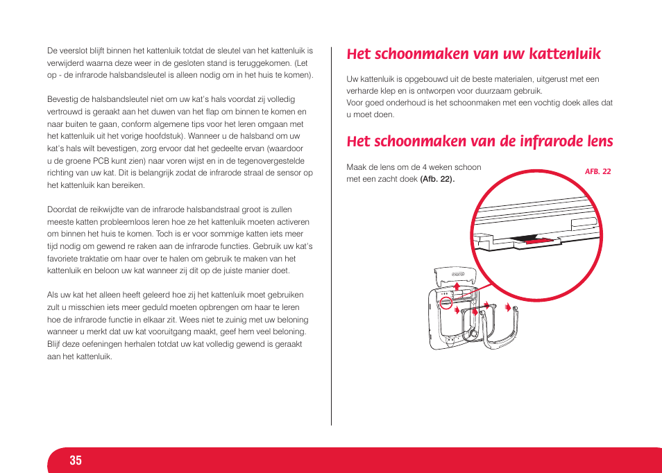 Het schoonmaken van uw kattenluik, Het schoonmaken van de infrarode lens | Petsafe Infra Red 4 Way Locking Deluxe Cat Flap User Manual | Page 35 / 74