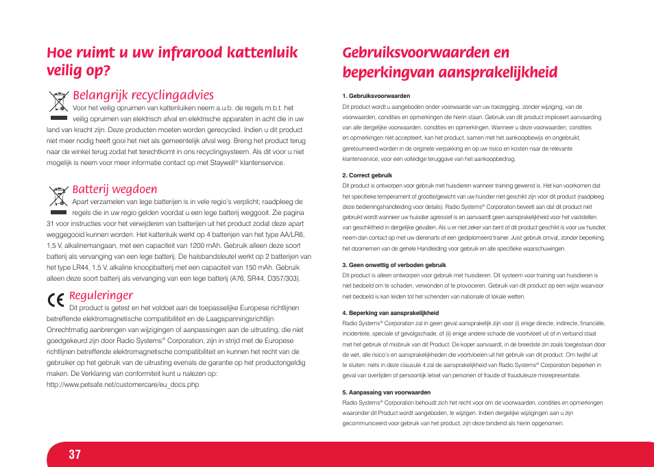 Hoe ruimt u uw infrarood kattenluik veilig op, Belangrijk recyclingadvies, Batterij wegdoen | Reguleringer | Petsafe Infra Red 4 Way Locking Deluxe Cat Flap User Manual | Page 37 / 74