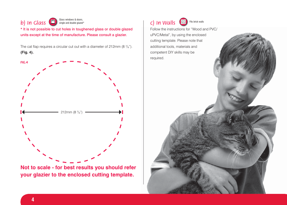 B) in glass, C) in walls | Petsafe Infra Red 4 Way Locking Deluxe Cat Flap User Manual | Page 4 / 74
