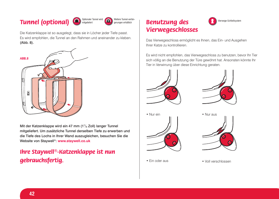 Tunnel (optional), Benutzung des vierwegeschlosses | Petsafe Infra Red 4 Way Locking Deluxe Cat Flap User Manual | Page 42 / 74
