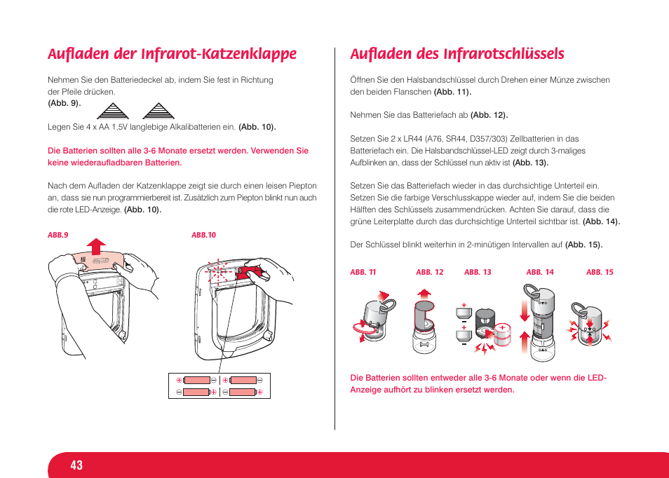 Auﬂ aden der infrarot-katzenklappe, Auﬂ aden des infrarotschlüssels | Petsafe Infra Red 4 Way Locking Deluxe Cat Flap User Manual | Page 43 / 74