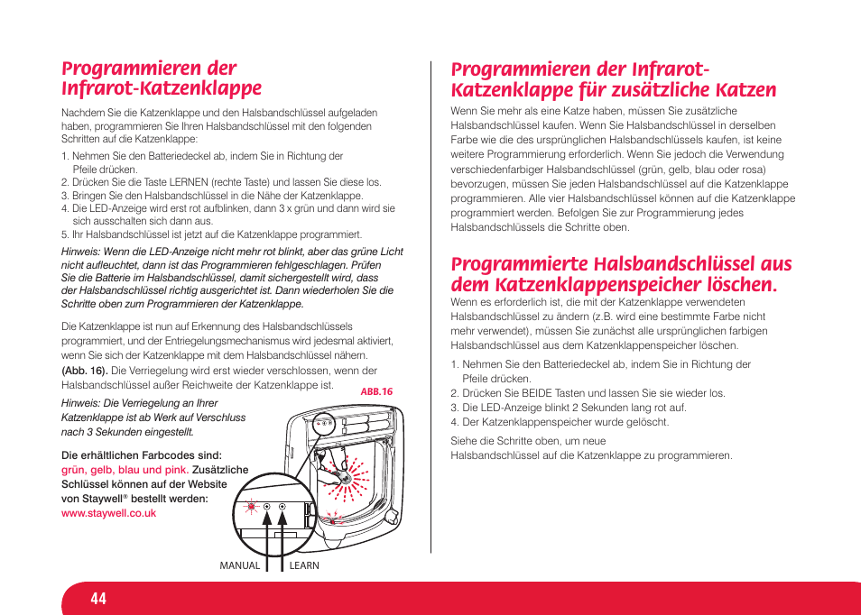 Programmieren der infrarot-katzenklappe | Petsafe Infra Red 4 Way Locking Deluxe Cat Flap User Manual | Page 44 / 74