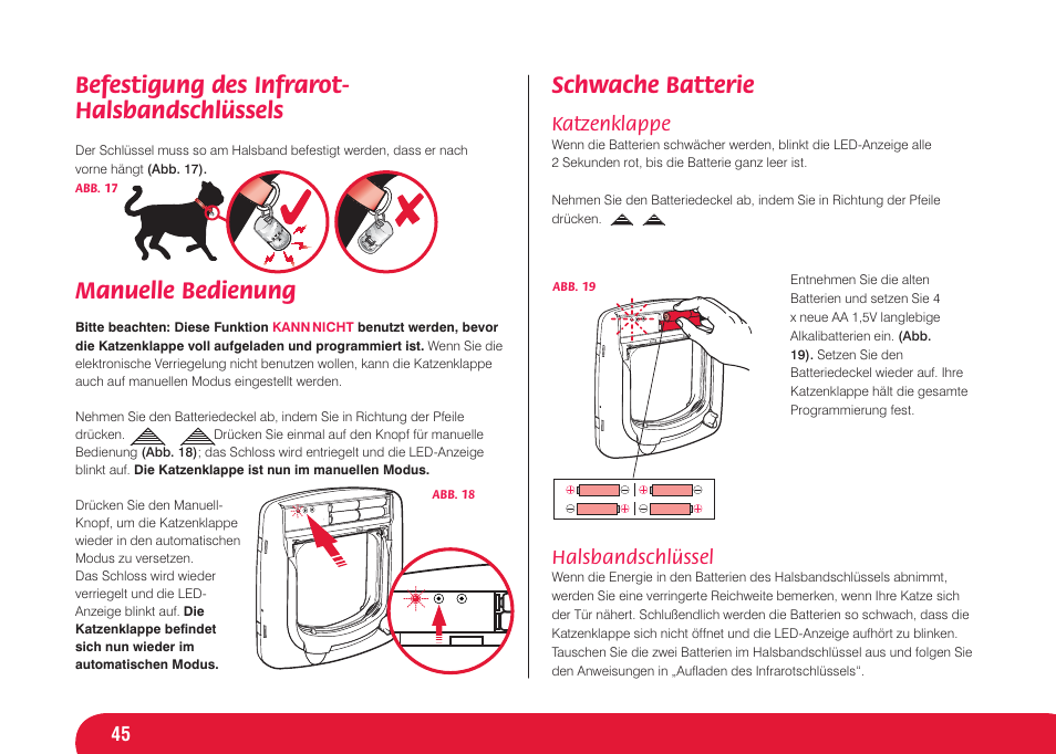 Schwache batterie, Befestigung des infrarot- halsbandschlüssels, Manuelle bedienung | Katzenklappe, Halsbandschlüssel | Petsafe Infra Red 4 Way Locking Deluxe Cat Flap User Manual | Page 45 / 74