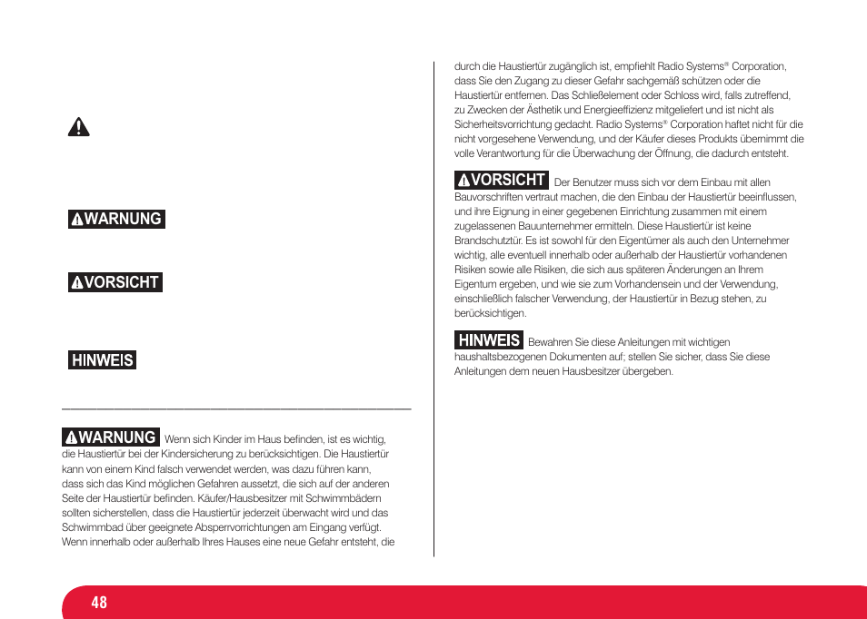 Warnung, Vorsicht | Petsafe Infra Red 4 Way Locking Deluxe Cat Flap User Manual | Page 48 / 74