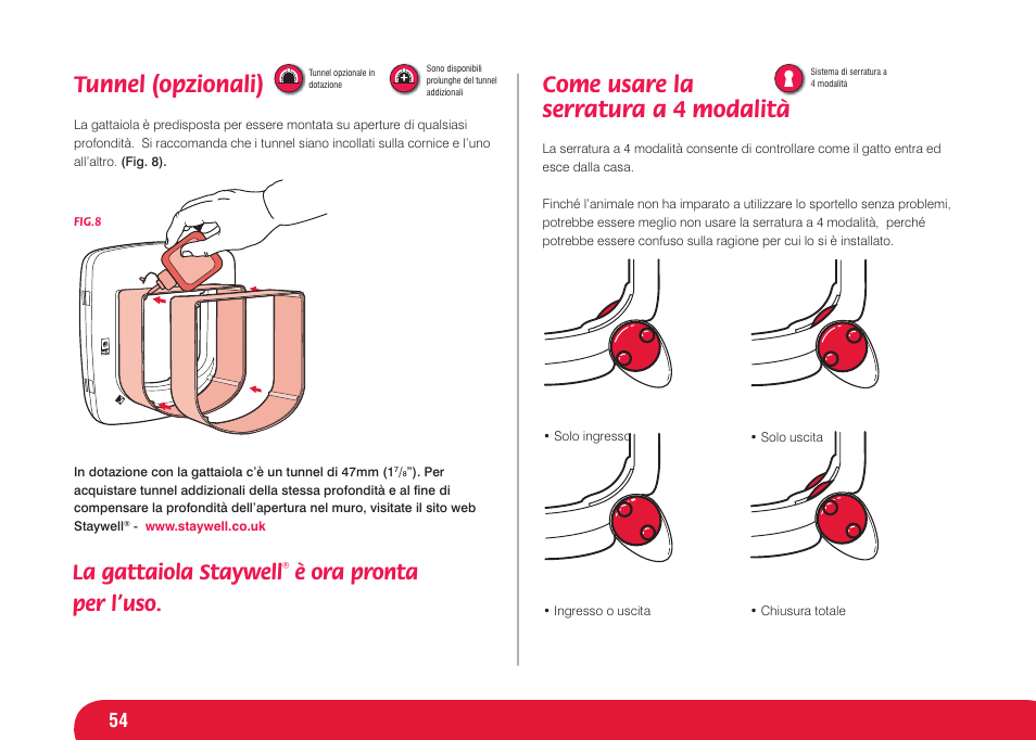 Tunnel (opzionali), Come usare la serratura a 4 modalità, La gattaiola staywell | È ora pronta per l’uso | Petsafe Infra Red 4 Way Locking Deluxe Cat Flap User Manual | Page 54 / 74