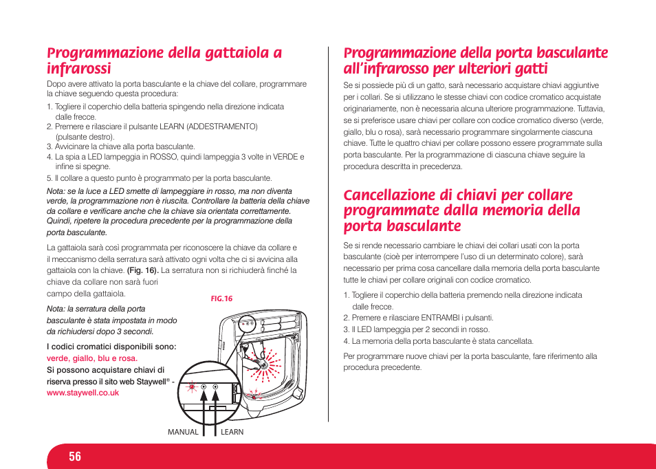 Programmazione della gattaiola a infrarossi | Petsafe Infra Red 4 Way Locking Deluxe Cat Flap User Manual | Page 56 / 74