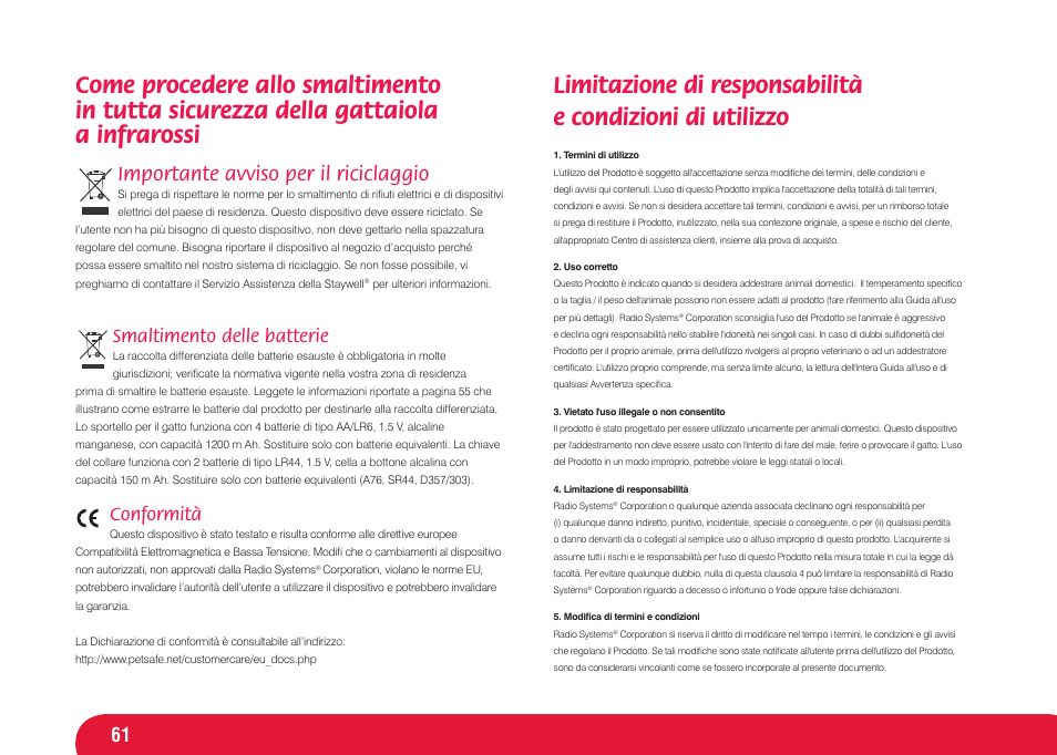 Importante avviso per il riciclaggio, Smaltimento delle batterie, Conformità | Petsafe Infra Red 4 Way Locking Deluxe Cat Flap User Manual | Page 61 / 74