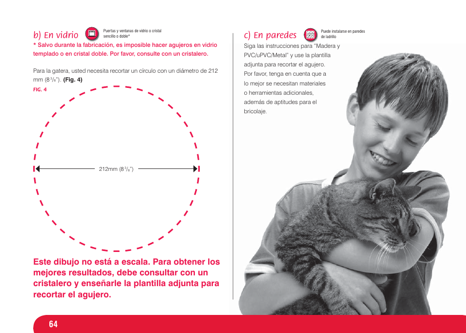 B) en vidrio, C) en paredes | Petsafe Infra Red 4 Way Locking Deluxe Cat Flap User Manual | Page 64 / 74