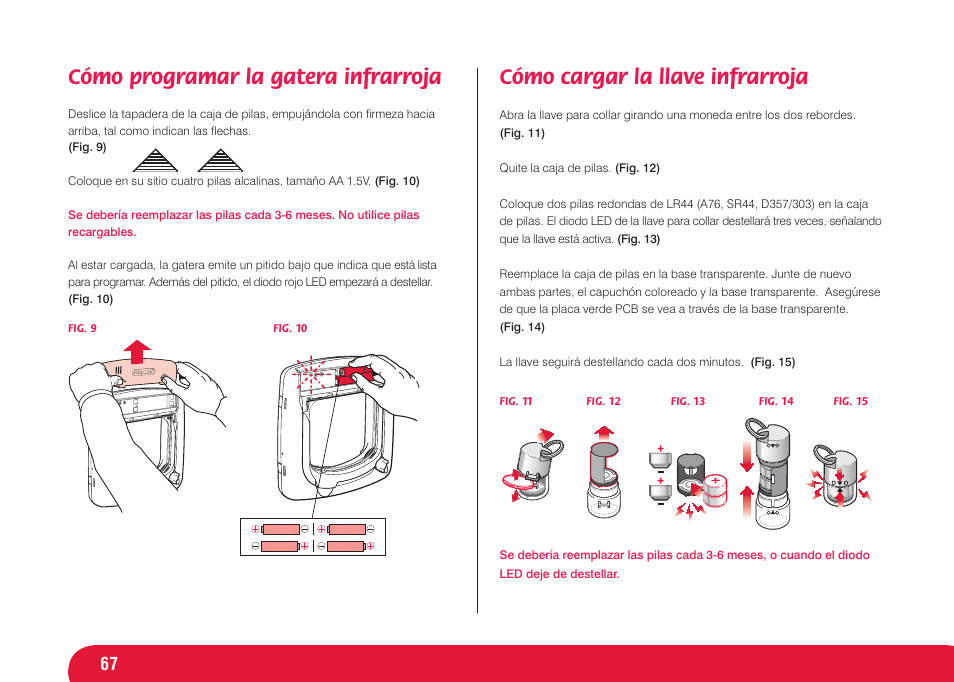 Cómo programar la gatera infrarroja, Cómo cargar la llave infrarroja | Petsafe Infra Red 4 Way Locking Deluxe Cat Flap User Manual | Page 67 / 74
