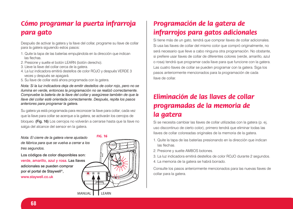 Cómo programar la puerta infrarroja para gato | Petsafe Infra Red 4 Way Locking Deluxe Cat Flap User Manual | Page 68 / 74