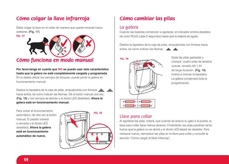 Cómo cambiar las pilas, Cómo colgar la llave infrarroja, Cómo funciona en modo manual | La gatera, Llave para collar | Petsafe Infra Red 4 Way Locking Deluxe Cat Flap User Manual | Page 69 / 74