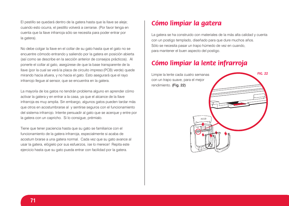 Cómo limpiar la gatera, Cómo limpiar la lente infrarroja | Petsafe Infra Red 4 Way Locking Deluxe Cat Flap User Manual | Page 71 / 74