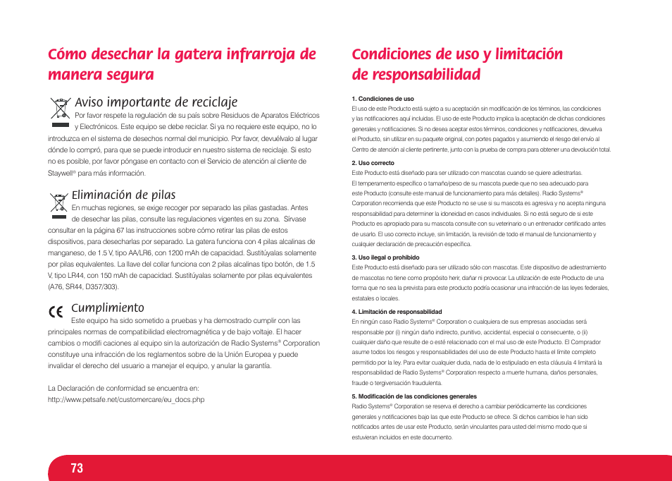 Condiciones de uso y limitación de responsabilidad, Aviso importante de reciclaje, Eliminación de pilas | Cumplimiento | Petsafe Infra Red 4 Way Locking Deluxe Cat Flap User Manual | Page 73 / 74