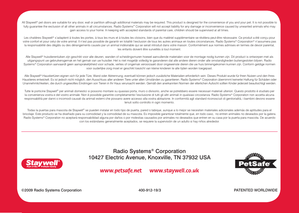 74 radio systems | Petsafe Infra Red 4 Way Locking Deluxe Cat Flap User Manual | Page 74 / 74