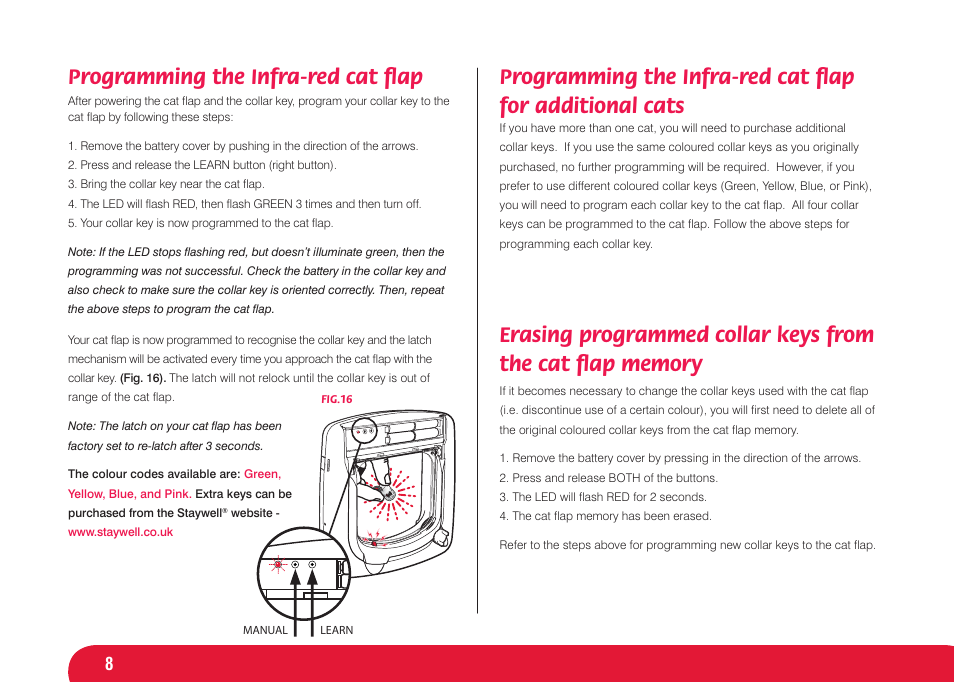 Programming the infra-red cat ﬂ ap | Petsafe Infra Red 4 Way Locking Deluxe Cat Flap User Manual | Page 8 / 74