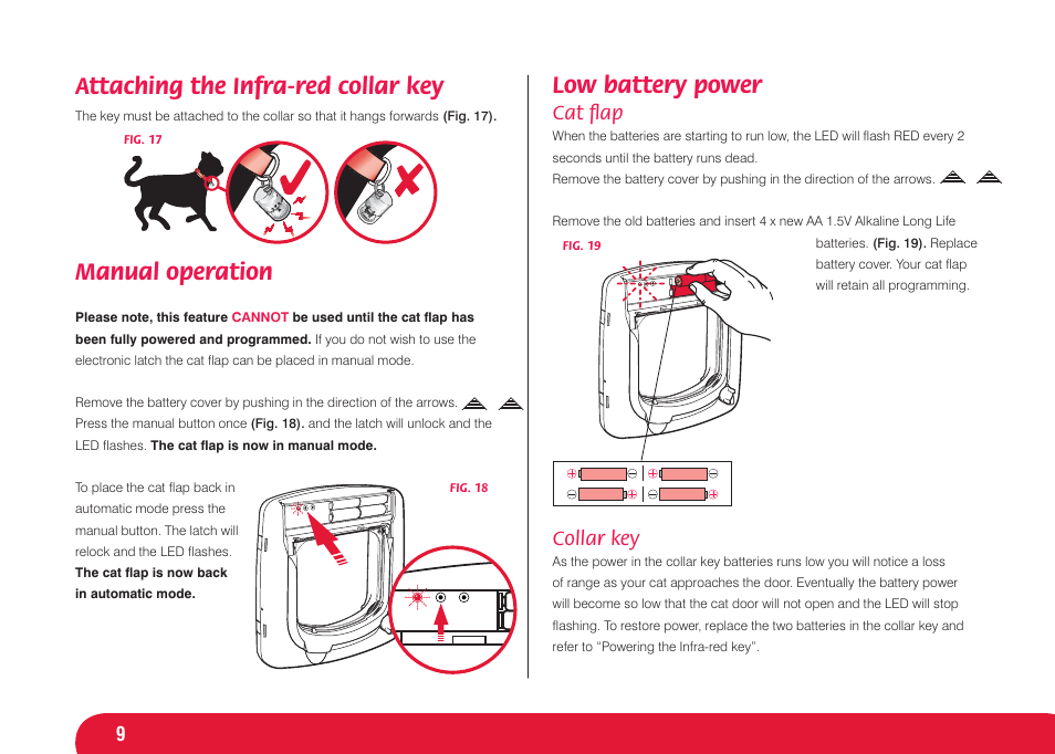 Low battery power, Attaching the infra-red collar key, Manual operation | Cat ﬂ ap, Collar key | Petsafe Infra Red 4 Way Locking Deluxe Cat Flap User Manual | Page 9 / 74