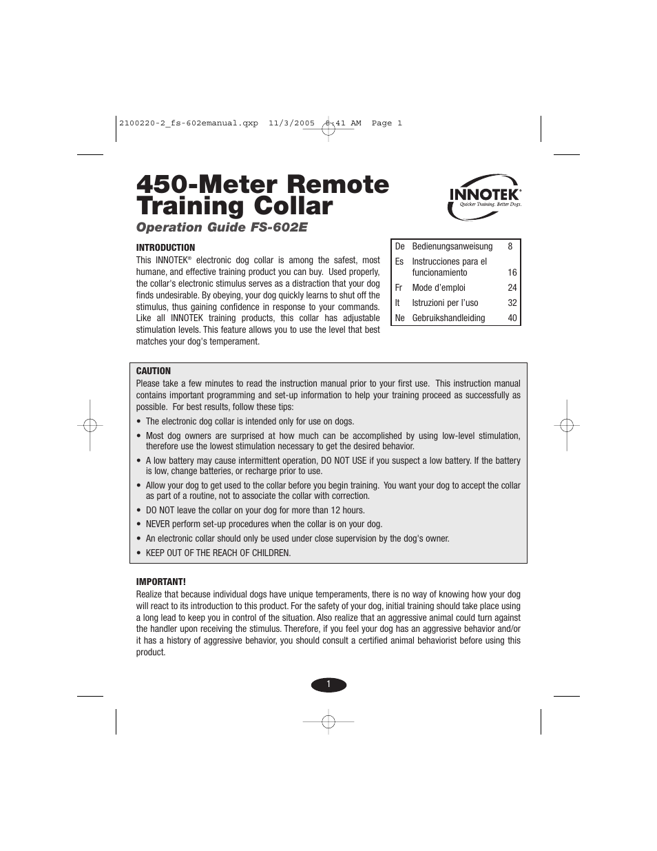 Petsafe Innotek 450 m Remote Training Collar User Manual | 48 pages