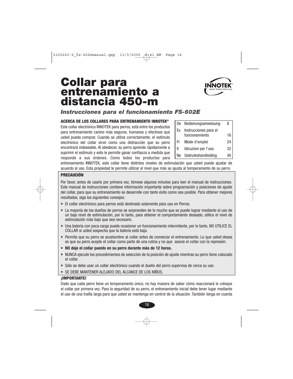 Collar para entrenamiento a distancia 450-m | Petsafe Innotek 450 m Remote Training Collar User Manual | Page 16 / 48