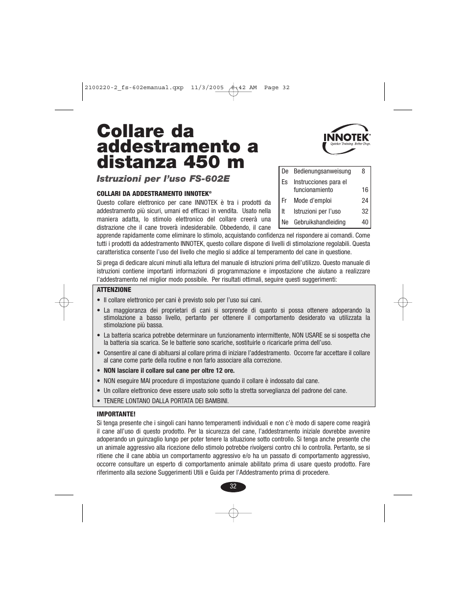 Collare da addestramento a distanza 450 m | Petsafe Innotek 450 m Remote Training Collar User Manual | Page 32 / 48