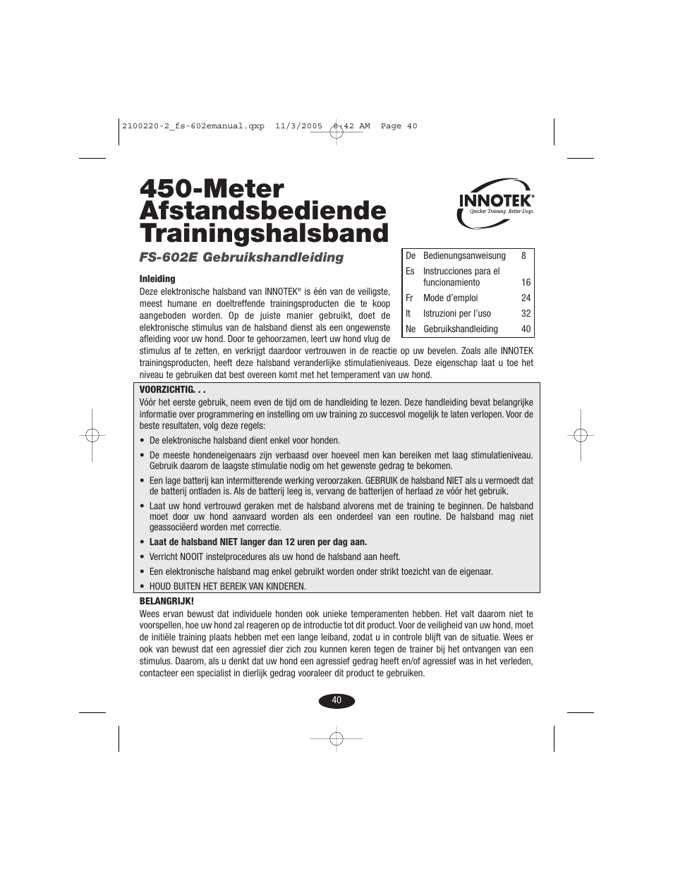 Meter afstandsbediende trainingshalsband | Petsafe Innotek 450 m Remote Training Collar User Manual | Page 40 / 48