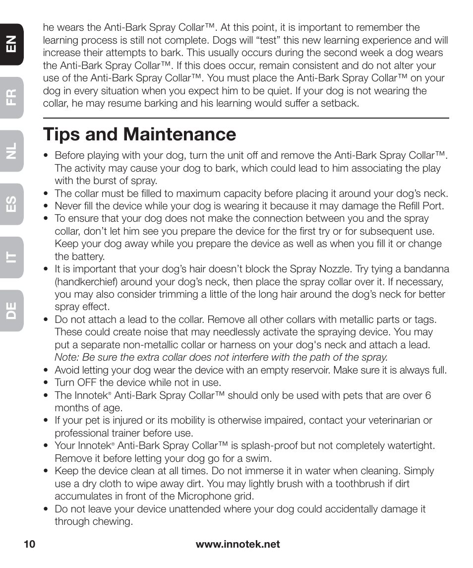 Tips and maintenance, En fr es nl it de | Petsafe Innotek Anti-Bark Spray Collar™ User Manual | Page 10 / 80