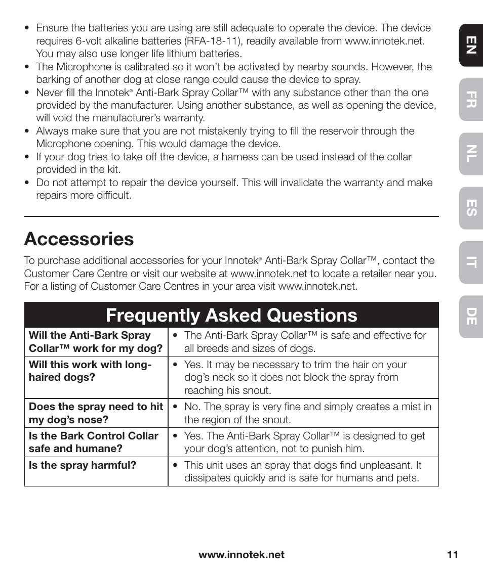 Accessories, Frequently asked questions, En fr es nl it de | Petsafe Innotek Anti-Bark Spray Collar™ User Manual | Page 11 / 80