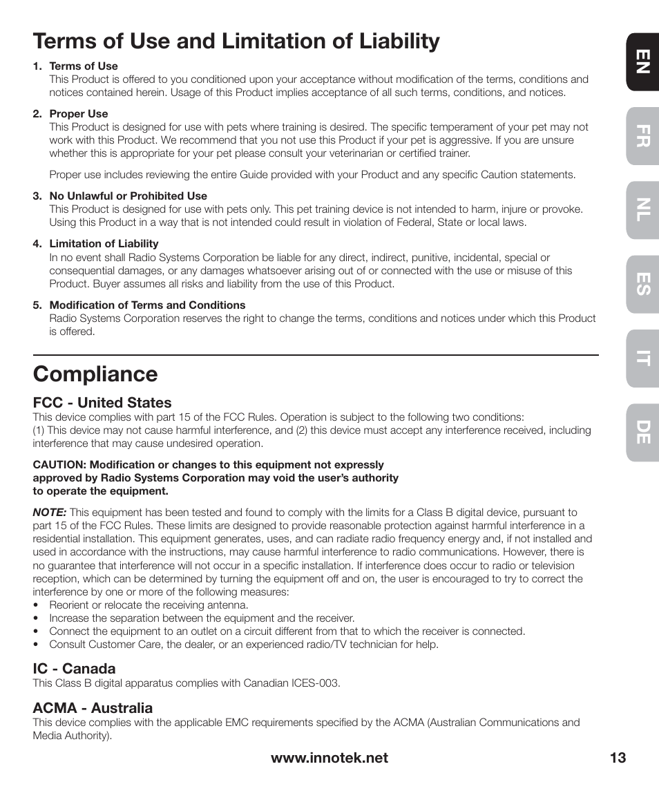 Terms of use and limitation of liability, Compliance, En fr es nl it de | Petsafe Innotek Anti-Bark Spray Collar™ User Manual | Page 13 / 80