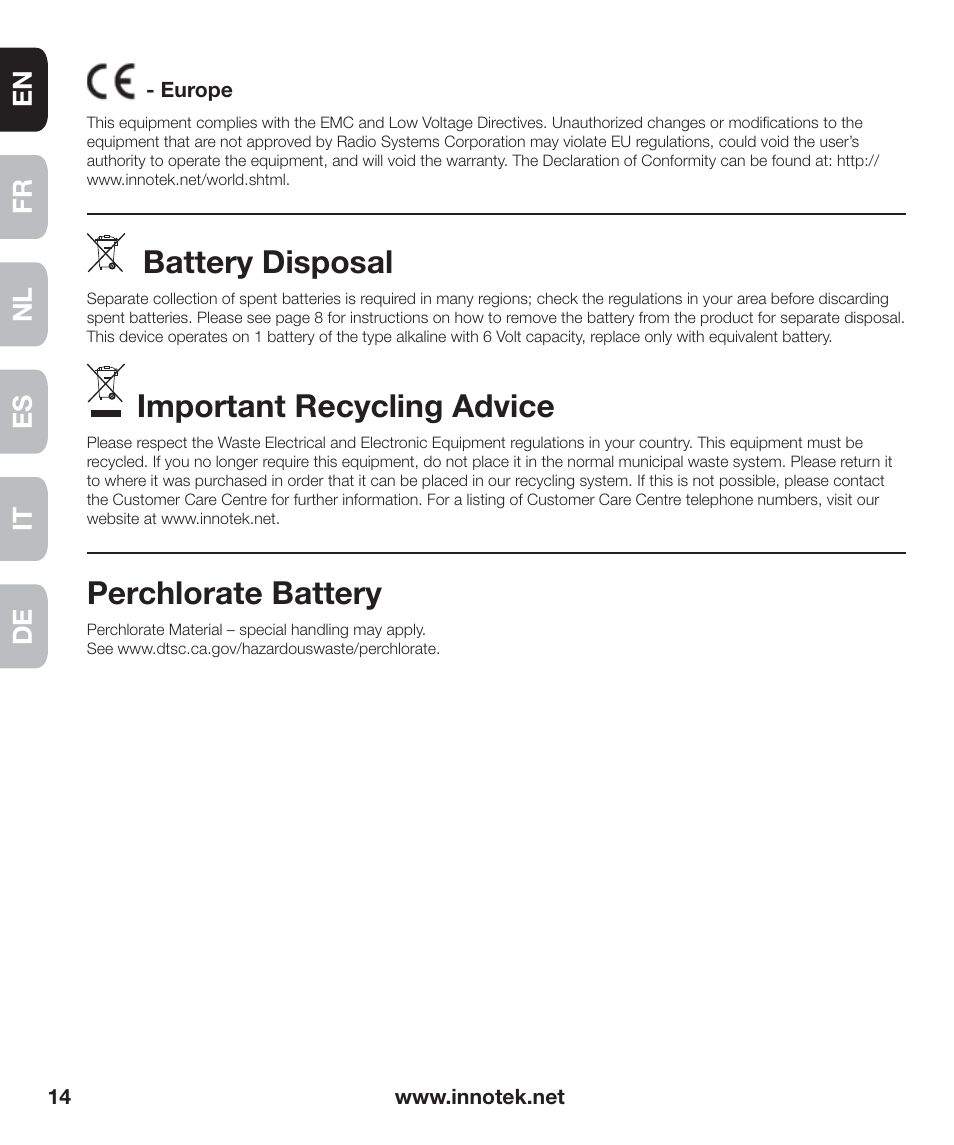 Battery disposal, Important recycling advice, Perchlorate battery | Petsafe Innotek Anti-Bark Spray Collar™ User Manual | Page 14 / 80