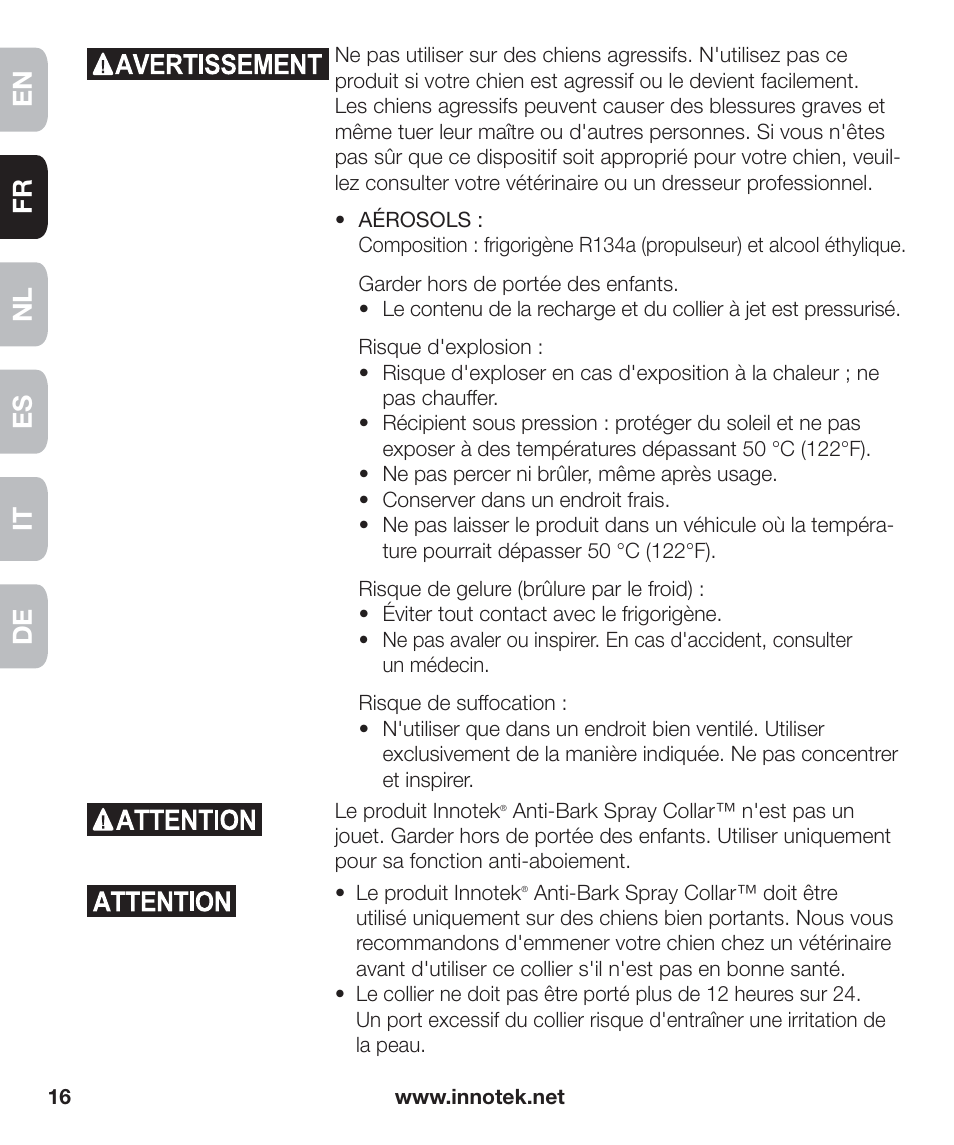 En fr es nl it de | Petsafe Innotek Anti-Bark Spray Collar™ User Manual | Page 16 / 80
