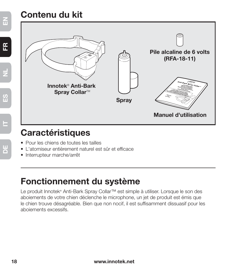 Contenu du kit, Caractéristiques, Fonctionnement du système | En fr es nl it de | Petsafe Innotek Anti-Bark Spray Collar™ User Manual | Page 18 / 80